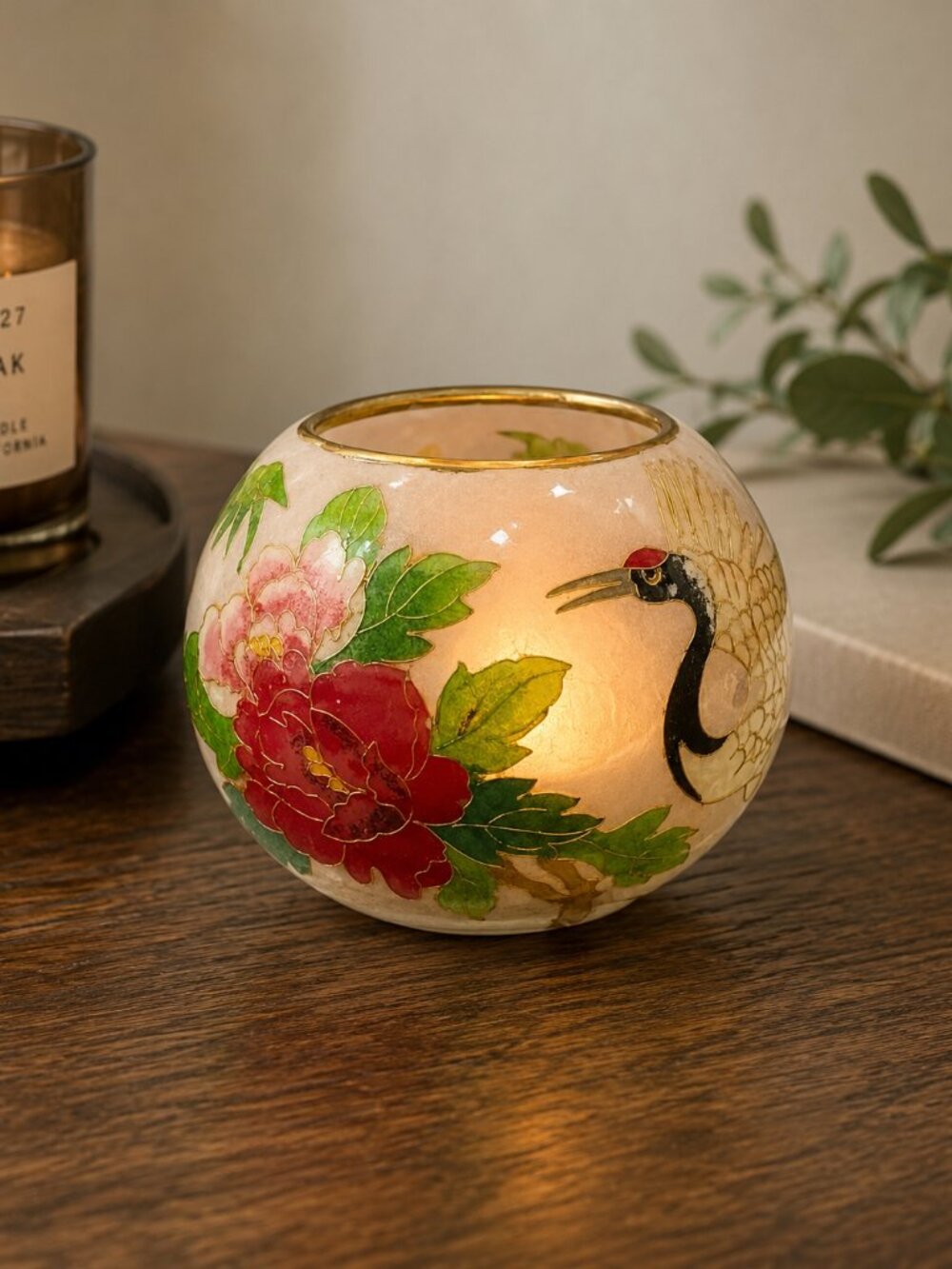 Vintage Plique-à-Jour Cloisonné Glass Candle Holder w/ Crane Pale Pink Luminary